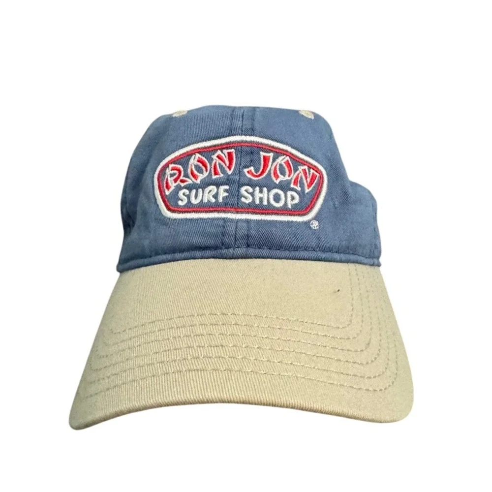 Ron Jon Surf Shop Hat Blue Tan Adjustable Leather Strap Baseball Cap Since 1959
